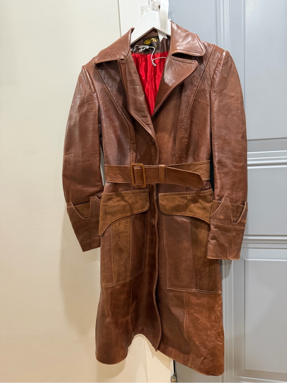 Classic Brown Leather Trench Coat with Belt